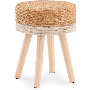 Handwoven Outdoor Ottoman, Water Hyacinth Pouf Round Patio Footstool with Wood Legs, 17-Inch Multipurpose Vanity Stool, Dining Chair, Patio Footrest for Balcony and Garden, White (13"D x 13"W x 16.9"H)