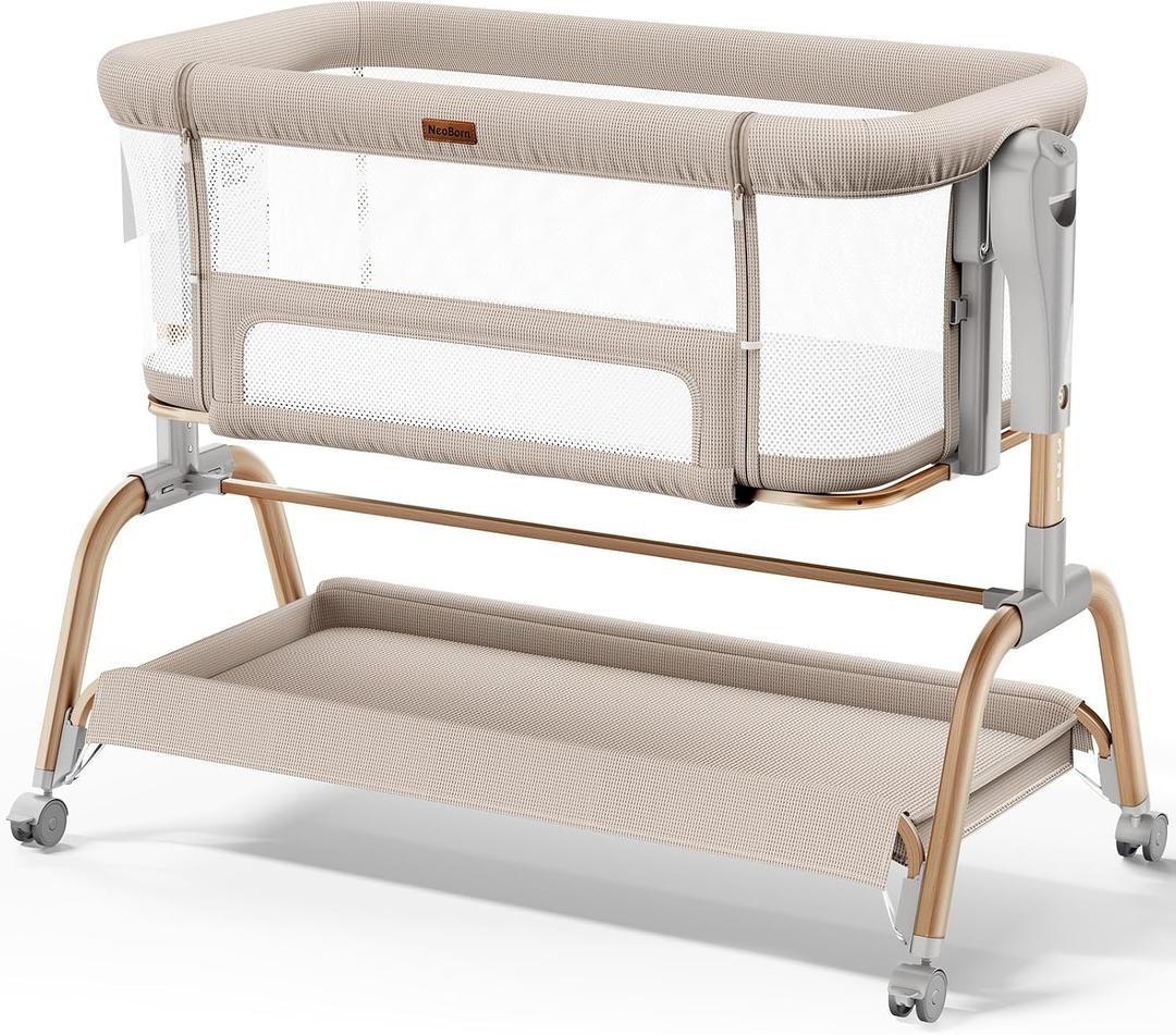 NeoBorn 3 in 1 Baby Bassinet, Bedside Bassinet for Baby, Rocking Bassinet with Breathable Full-Mesh, Mattress and Soft Sheet, Adjustable Height, Stable and Secure Crib for Newborns