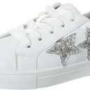 KENSIE GIRL Sneakers Lace Up Non Slip - Fashion Casual Low Top Shoes - White Silver Stars (Size 2 Big Kid)