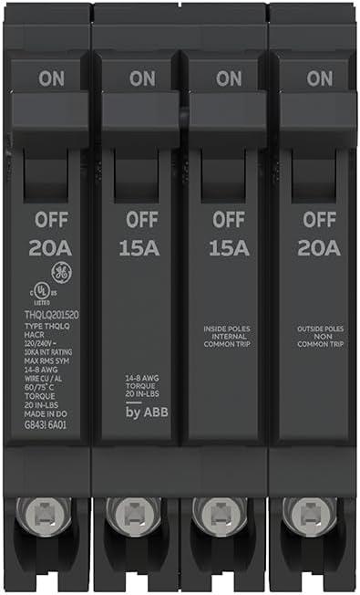 ABB Q-Line THQLQ201520 Quad Circuit Breaker  20A/1P & 15A/2P & 20A/1P Configuration  120/240 VAC, 10 kAIC  Thermal Magnetic Trip  Space-Saving Plug-in Mount Type