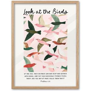 EcoHest Large 16x20in OAK Wood Framed Wall Art, Look at the Birds of the Air Bible Verse Matthew 6, Christian Scripture Modern Canvas Wall Decor for Bedroom Living Bathroom Religious Gift 1 Pack