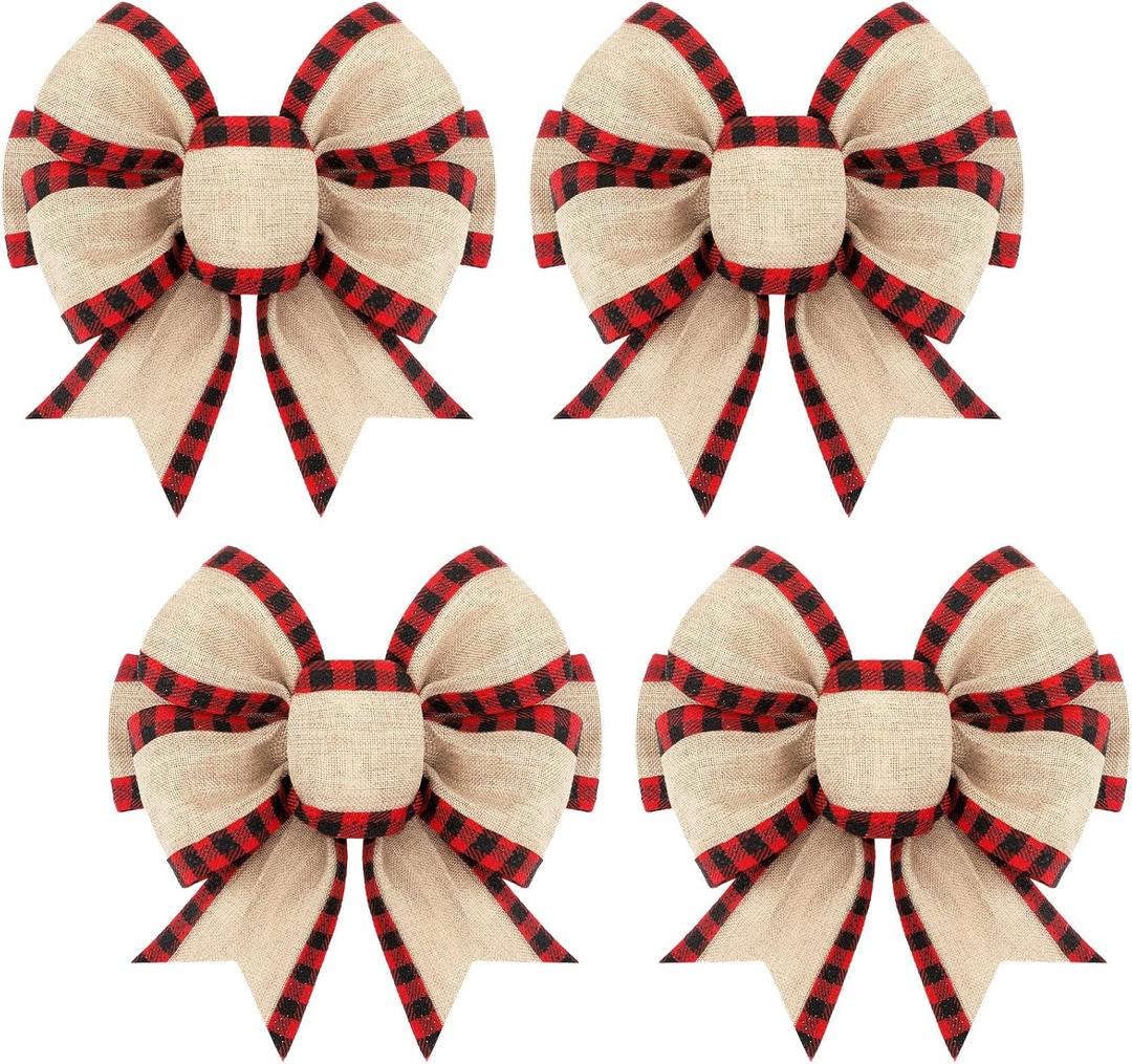 Geosar 4 Pcs Christmas Buffalo Plaid Bows Decorations 6 Inch Christmas Burlap Gingham Craft Bows Xmas Tree Decorative Wreath Decor for Crafts Xmas Party Birthday Decor(Red and Black,Classic)