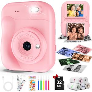 Kids Camera Instant Print Camera for Kids, Toddler Camera Toys for 3 4 5 6 7 8 Year Old Girls Christmas Birthday Gifts, Kids Digital Camera Instant Print Color Photos 5 Rolls Paper 32GB Card, Pink