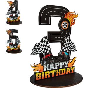 Truck Birthday Number Sign Centerpiece, Truck Wooden Decoration Photo Props for Truck Birthday Decorations (3rd)