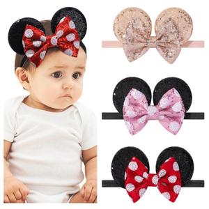 choicbaby 3 PCS Mouse Ears Sequin Bow Nylon Hairband with Polka Dot Cute Baby Headbands Soft Hairbands Hair Accessories for Newborn Infant Toddler Party Supplies