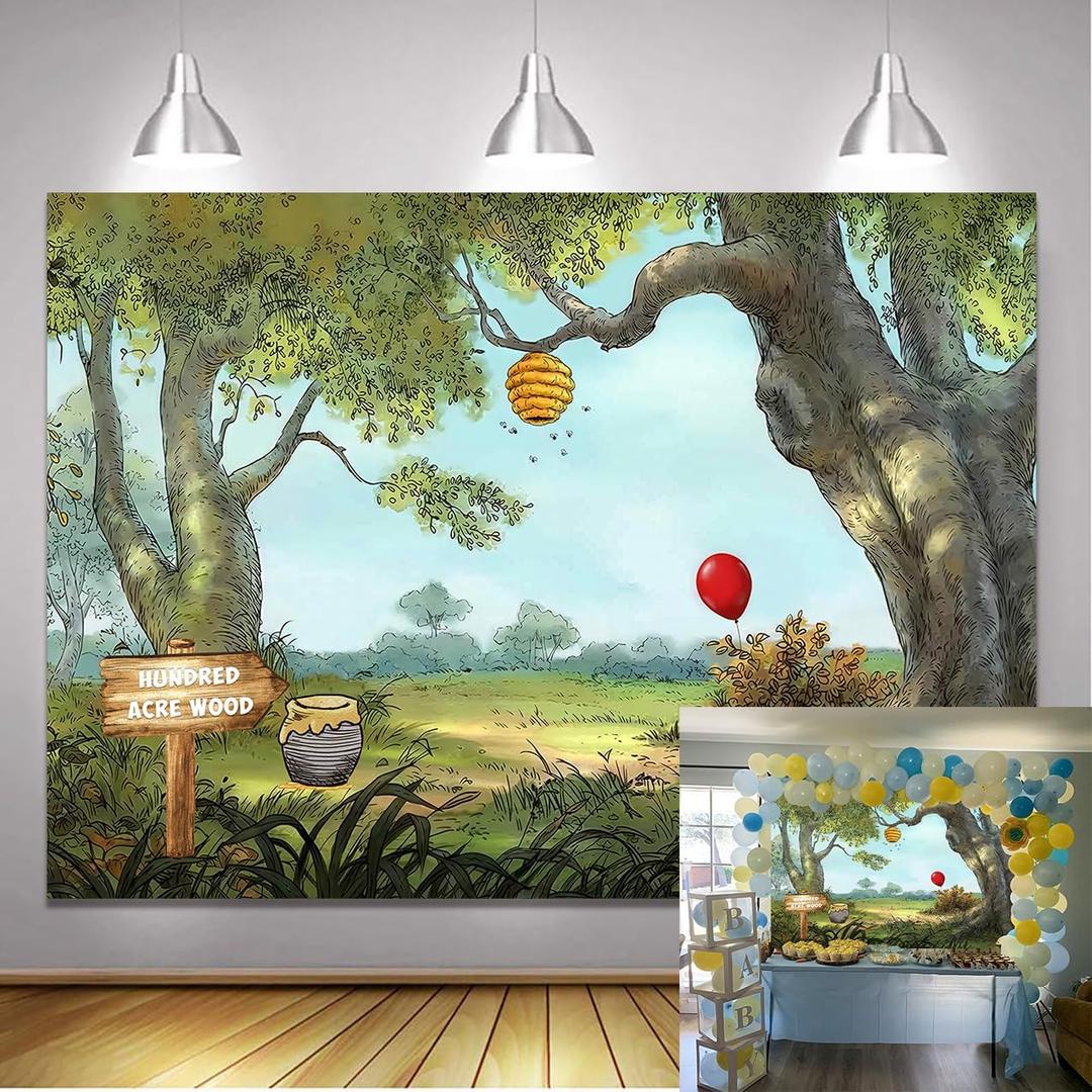 Classic Bear Backdrop Spring Forest Red Balloon Honeypot Photography Background Party Decorations Kids Birthday Photo Booth Banner Cake Table Props 7x5 FT