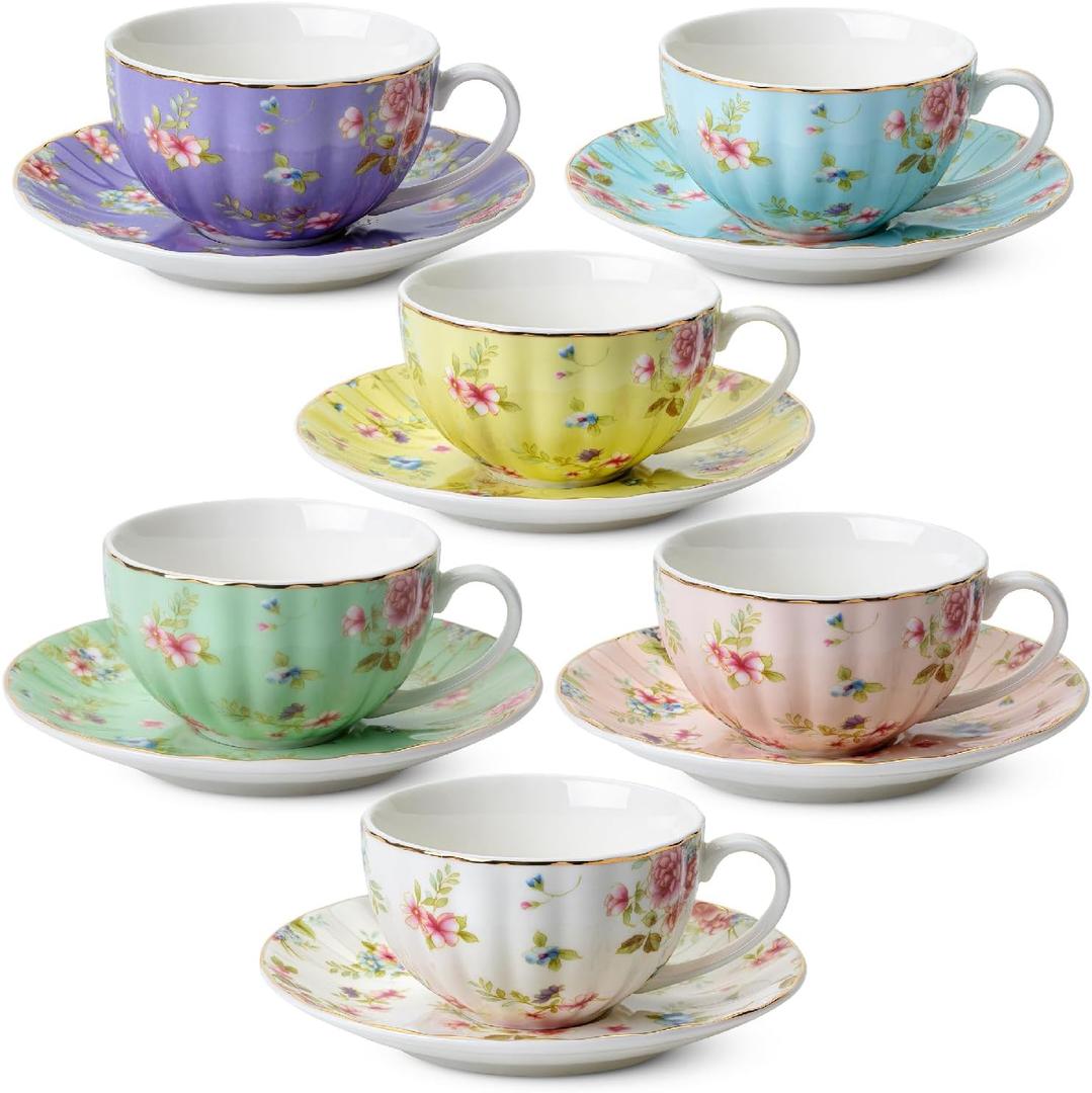 BTaT- Floral Tea Cups and Saucers Set of 6 (7 oz), Porcelain Tea Cups Set of 6, Pastel Bloom Design with Gold Trim, Dishwasher & Freezer Safe