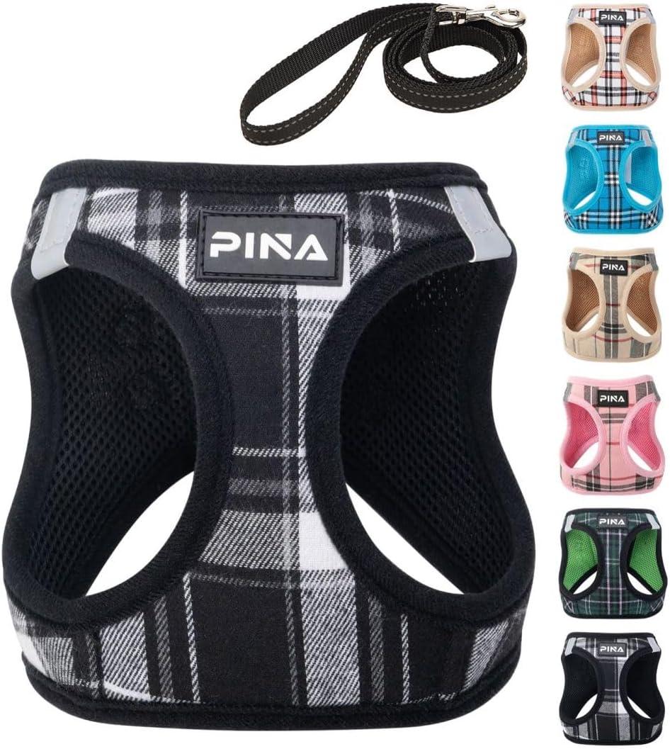 PINA Dog Harness and Leash Set for Small to Medium Dogs - No Pull, No Choke Breathable Mesh Vest - Lightweight, Adjustable, Easy to Put On and Take Off (M (Neck:13-16" , Chest:17-18"), Gray Plaid)