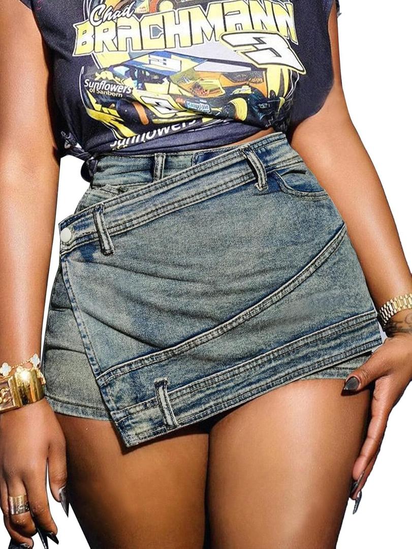 Avanova Women Denim Mini Skirt Jean Skort Sexy High Waisted Asymmetrical Stretch Short Skirts (Medium)