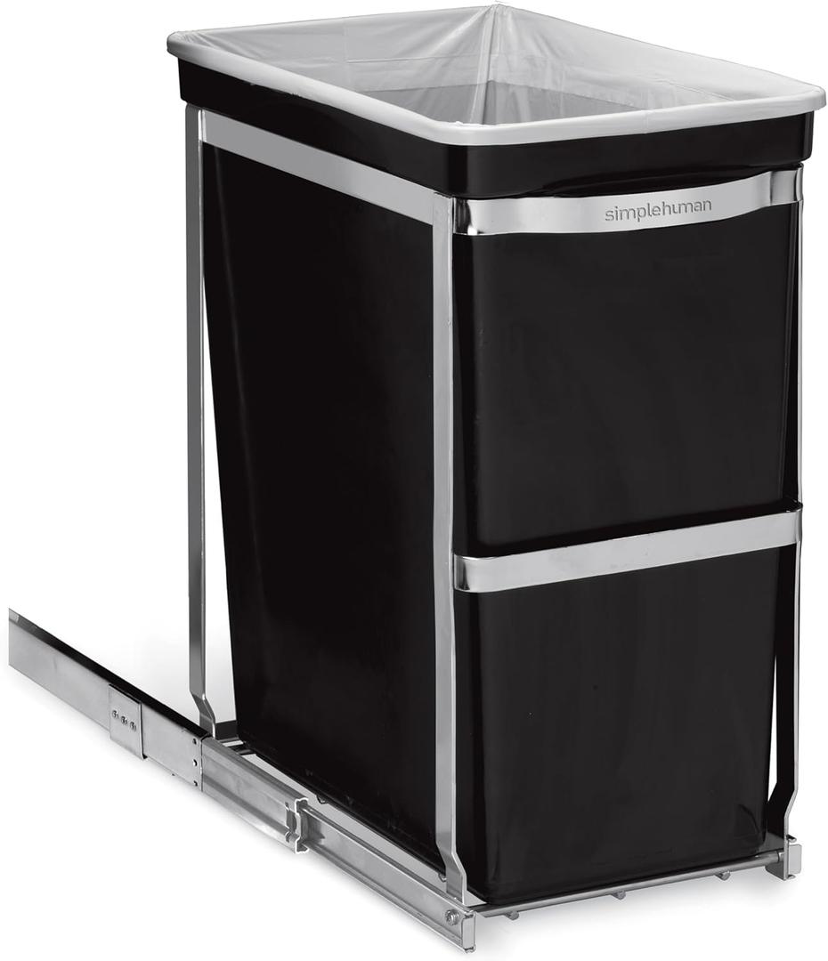 simplehuman 30 Liter / 8 Gallon Under Counter Kitchen Cabinet Pull-Out Trash Can, Heavy-Duty Steel Frame