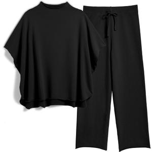 Women's Two Piece Outfits 3/4 Batwing Sleeve Capelet Crew Neck Pullover Top Wide Leg Pants Lounge Set (Medium, Black)