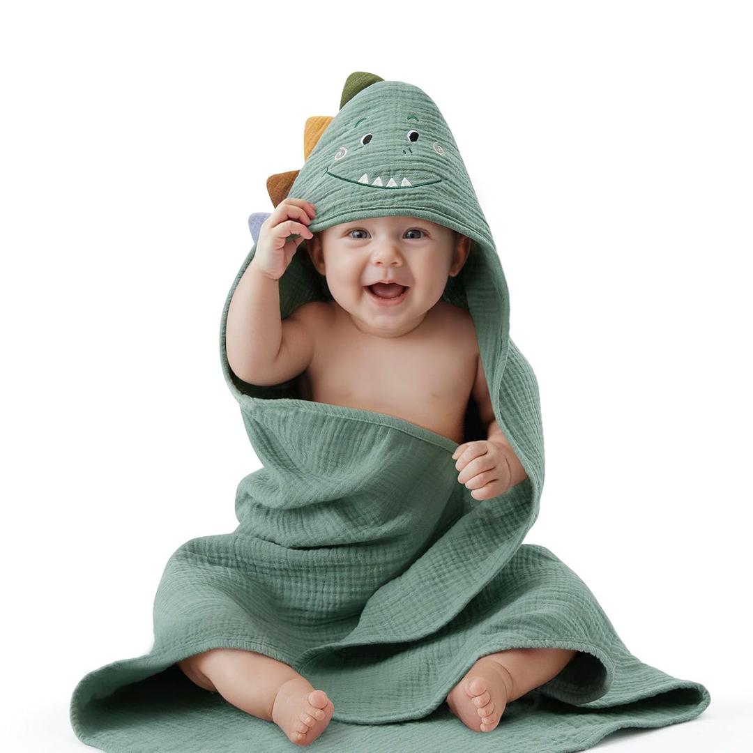 Blissful Diary Muslin Baby Hooded Towel, Soft and Absorbent Bath Towel for Newborn, Infant, Toddler, Unisex, 32x32 - Roguish Dino (1 Pack)