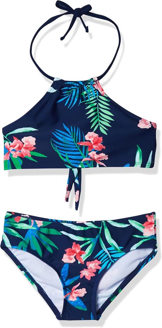 Kanu Surf Girls' Mahina UPF 50+ Beach Sport Halter Bikini 2-Piece Swimsuit (Leonie Floral Navy) Size 12 