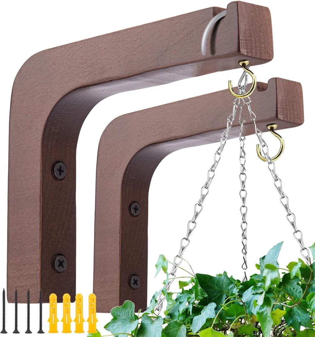 2 Pack Wooden Wall Hooks for Hanging Plants,Lanterns,Flower Bracket,Wind Chimes,Bird Feeders,Macrame Plant Hangers,5.9 inch Wooden Plant Hangers for Indoor Outdoor, Walnut Color