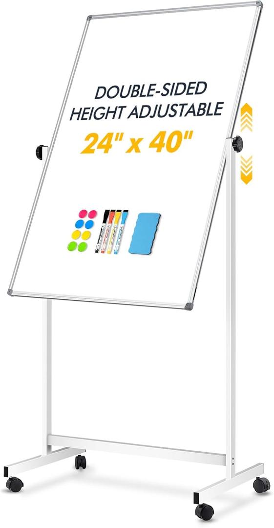 Rolling Whiteboard on Wheels, 24"x40" Double-Sided Dry Erase Board with Stand, Magnetic Rolling White Board, Reversible Standing Mobile Whiteboard, School Supplies, Classroom, Office, Home