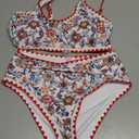 Herseas Women's Bikini Sets Floral Print Whip Stitch 2 Piece Swimsuits High Waisted Scoop Bathing Suits (Medium, Red)