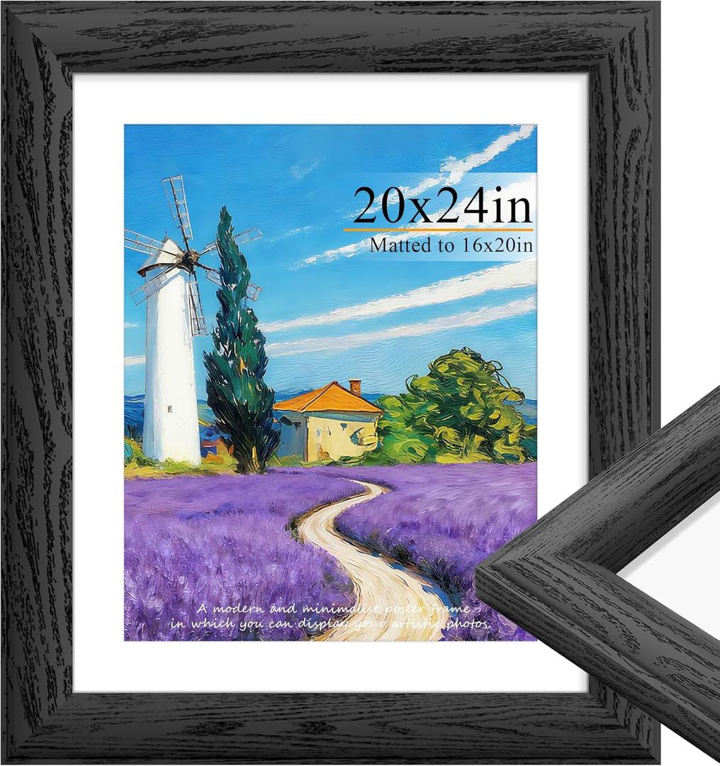 Display 20 x 24 Picture Frame Black. 1.57 Inch Wide Wood Grain Texture, Pictures 16 x 20 with Mat. Horizontal or Vertical Wall 20x24 Picture Frame.