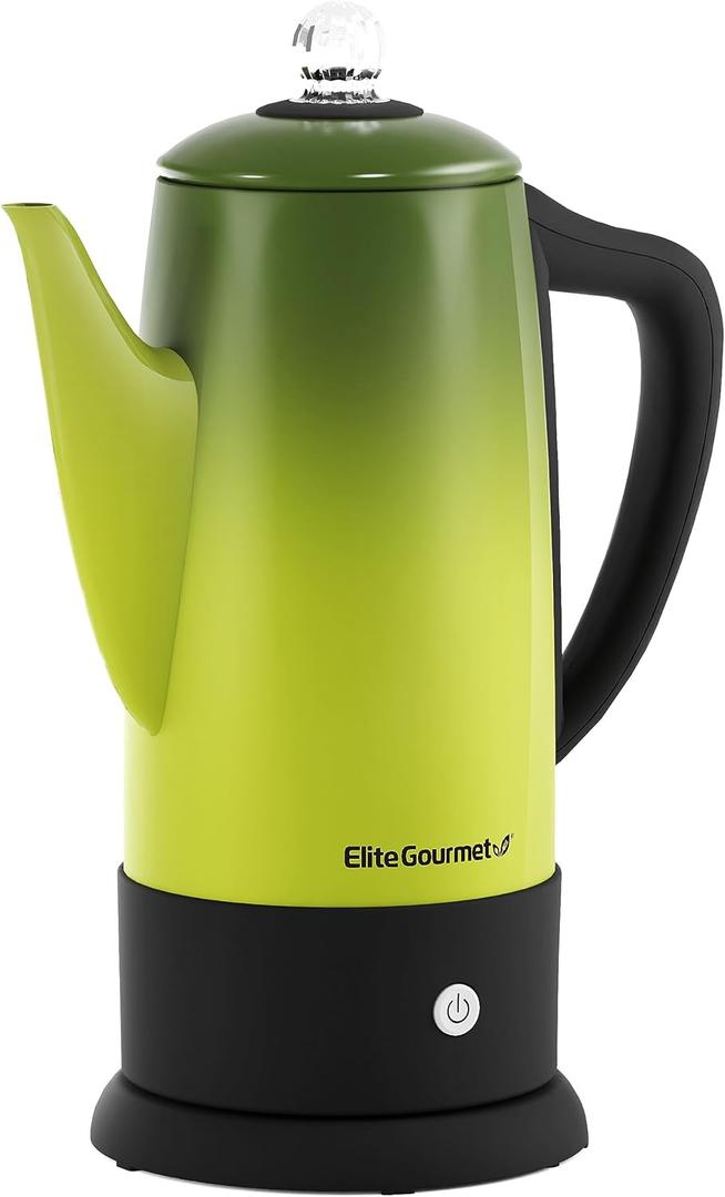 Elite Gourmet EC812G Vintage 50s Electric Coffee Percolator Clear Brew Progress Knob Cool-Touch Handle Cord-less Serve, 12-Cup, Retro Green