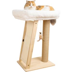 27.5" Cat Scratching Post, 3-in-1 Multifunctional Natural Pine Wood Cat Furniture, Tall Scratch Posts with Perch&Scratcher, Boxed with Hanging Bell Toy, Medium
