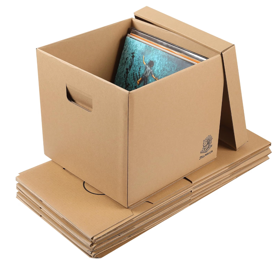 12" Vinyl Record Storage and Moving Box, Holds 60 Records or LPs, 4-PackDurable Cardboard with Removable Lid, Built-In Carry Handles, Tape-Free Design, 3-Ply Reinforced Side Walls