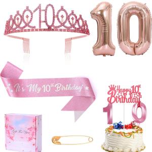 10th Birthday Candle Sash and Tiara,It's My 10th Birthday Sash Rhinestone Crown Happy Birthday Cake Topper Foil 10 Balloon for Girls Birthday Gift Party Decorations Supplies (Rose 10th)