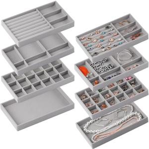 Set of 8 Velvet Jewelry Drawer Organizer Inserts, Stackable Trays with Removable Dividers, Earring and Ring Holder Display for Dresser, Storage Case for Necklace Bracelet Watch - Grey