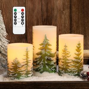 MELTONE Christmas Tree Flameless Candles with Remote Real Wax Flickering Battery Operated Candles - Home Party Holiday Decorations - Set of 3 (Green)