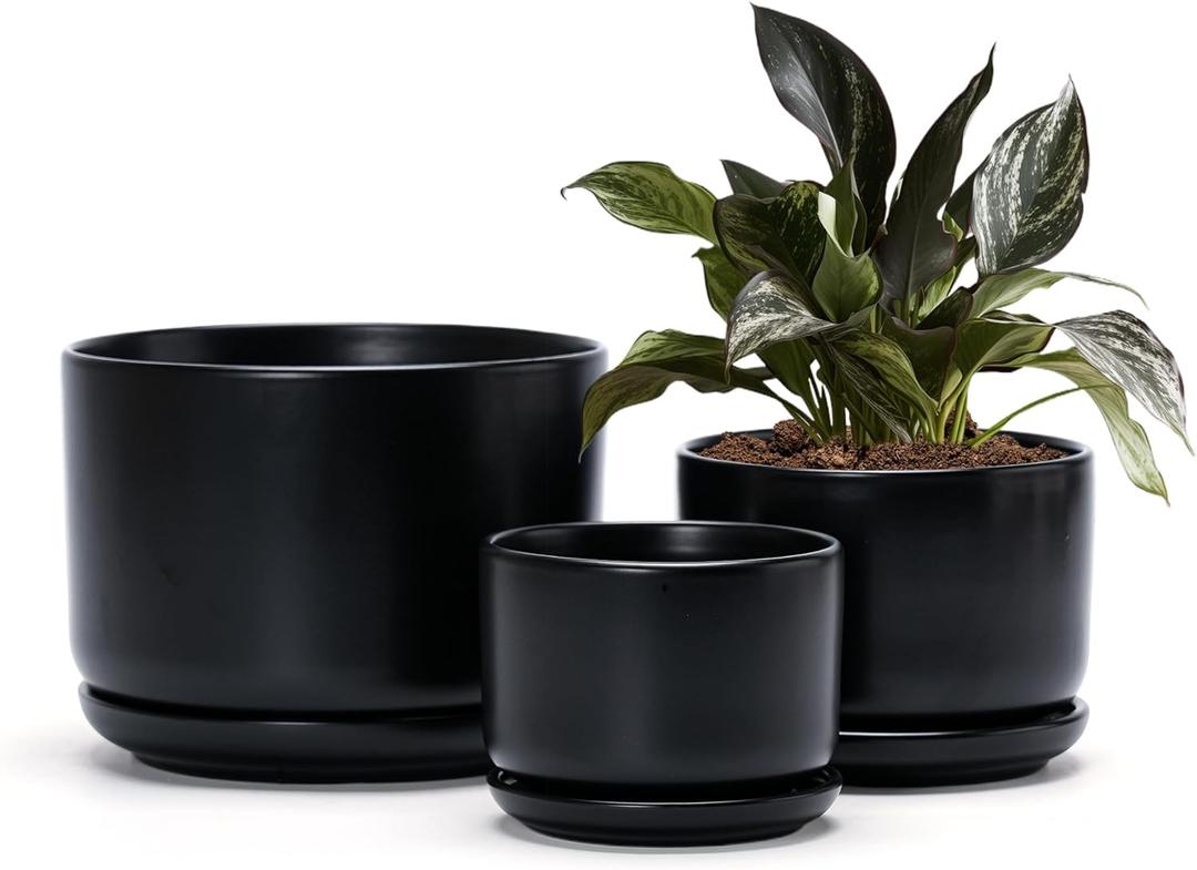 Ton Sin Plant Pots, 4.1+5.1+6.5 inch, Set of 3, Ceramic Planters with Drainage Hole and Saucer, Indoor Flower Pot Gifts for MomMatte Black