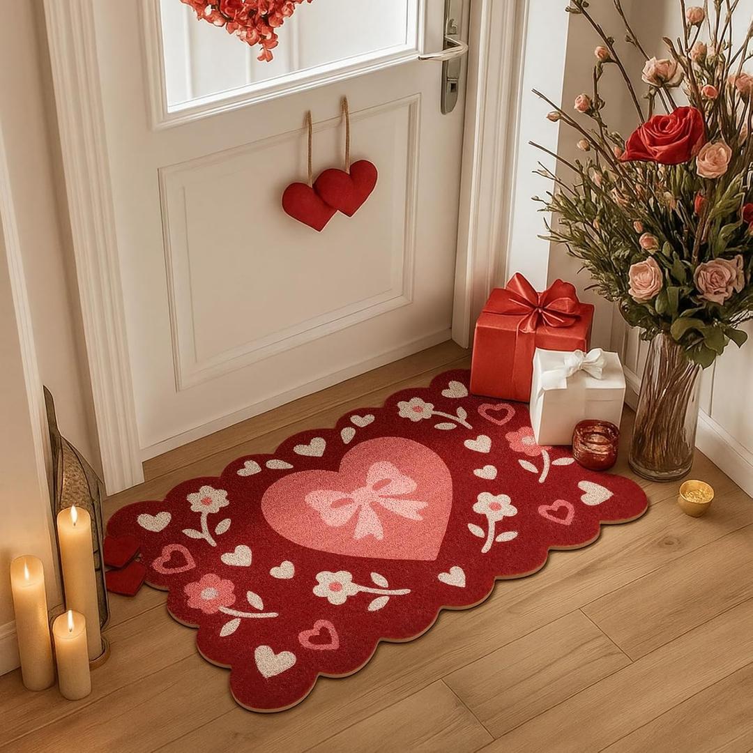 Tinideya Valentine's Day Red Heart Bow Doormat Scalloped Edge Heart Welcome Door Mat 27.6 x 15.7 Inch Cute Flowers Artificial Coir Non Slip Entrance Rugs for Indoor Outdoor Kitchen Decor