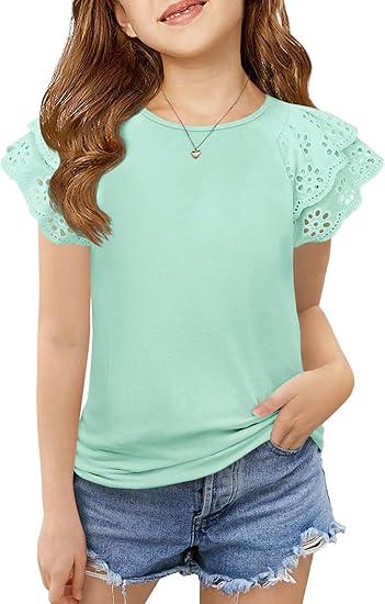 Haloumoning Girls Ruffle Sleeve T Shirts Summer Short Sleeve Casual Cute Crewneck Tops Tees