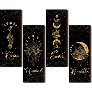 Qunclay 4 Pcs Rustic Boho Wall Decor Moon Phases Wall Art Witchy Room Decor Relax Soak Unwind Breathe Hanging Gothic Minimalist Pediments Farmhouse Moon Sign for Bathroom (black and gold)