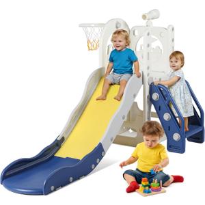 6 in 1 Toddler Playset Toddler Slide and Climber Playset, L-Shaped Kids Slide with Basketball Hoop, Telescope & Storage, Sturdy Indoor Outdoor Playground, for Boys Girls 1-3+