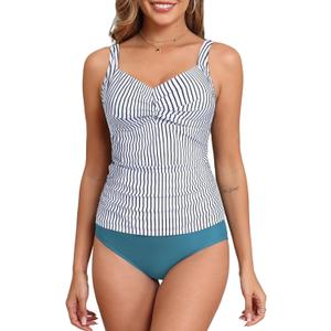 ZAFUL Women's Tankini Bathing Suits Tummy Control Twist Front High Waisted Cut Out Swimsuits Two Piece Swimwear (X-Large, 2-haze Blue)