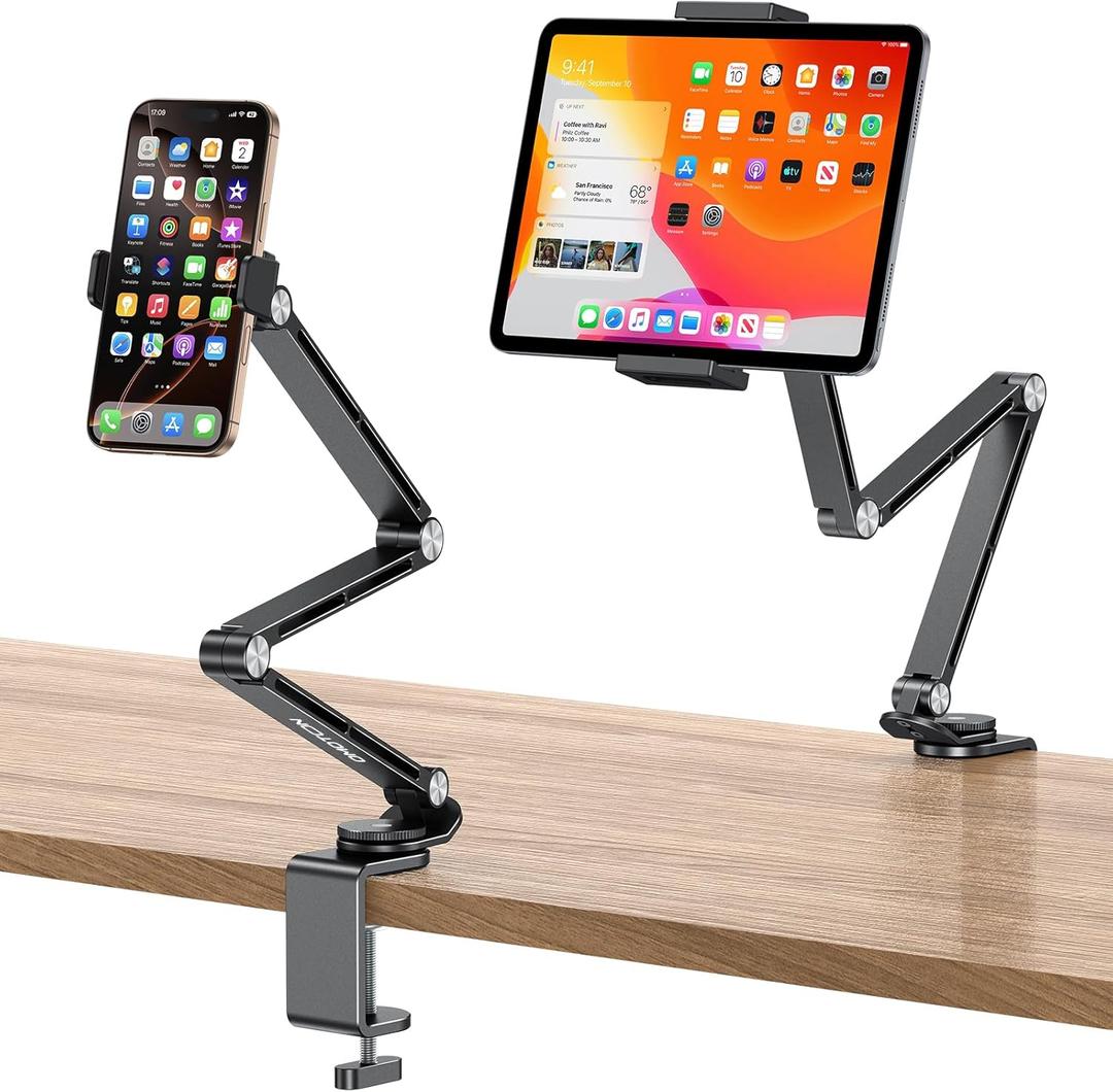 OMOTON Adjustable Tablet Stand for iPad, Desk Phone Holder for Bed with 2 Clamps, Flexible Aluminum Alloy Mount with 360 Rotation for 4-13" Devices (Black)