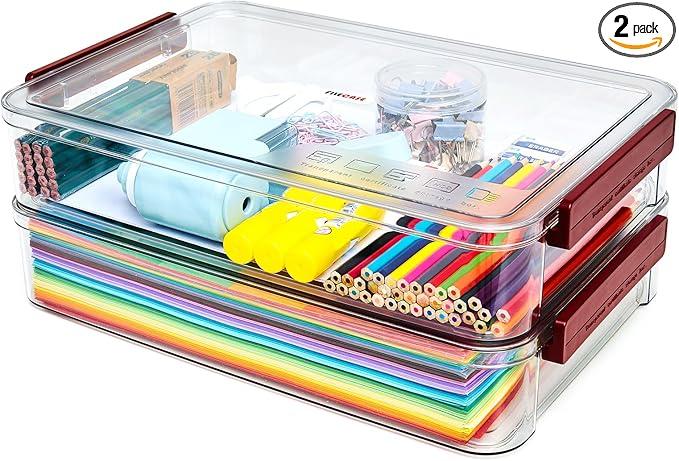 5.5qt Portable Project Case 9 X 13 Clear Stackable Plastic Storage With Lids Organizer Containers File Box For Letter A4 Paper Photo Documents Scrapbook Craft Art School Supplies, 2 Pcs