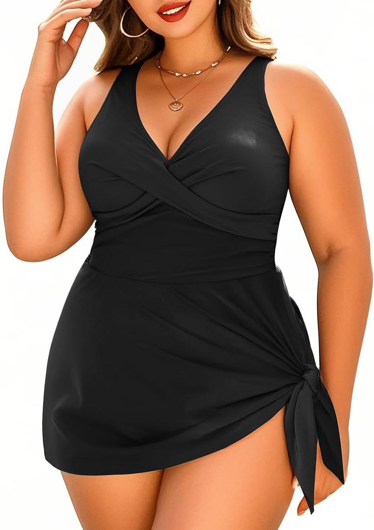 Daci Plus Size One Piece Swimsuits for Women Flowy Asymmetrical Hem Swim Dress with Shorts Built in (24 Plus, Black)