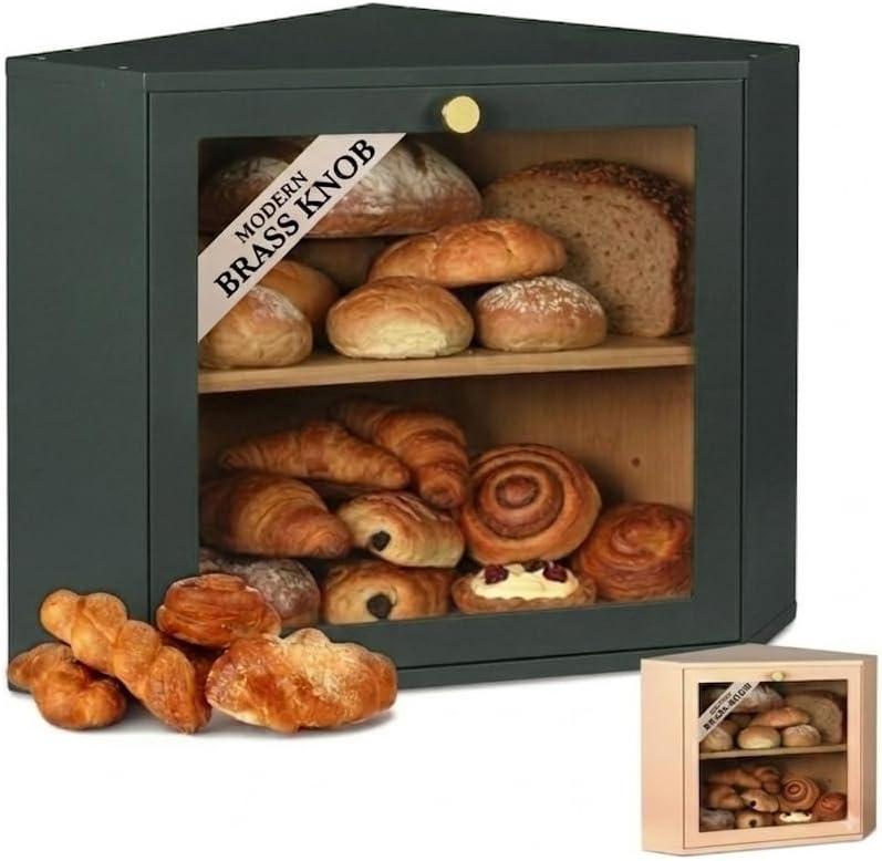 2 Tier Corner Bread Box for Kitchen Countertop, Green, Large