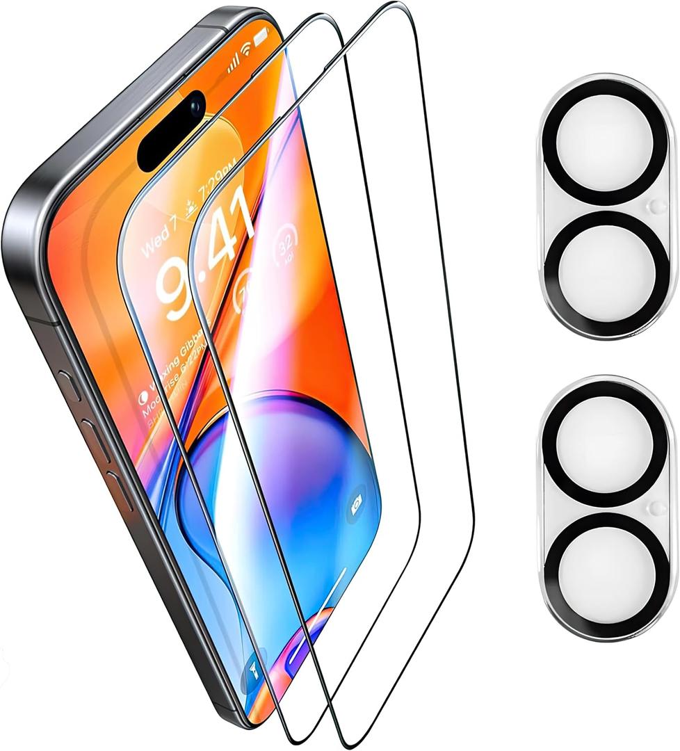 for iPhone 16 Screen Protector 2 Pack + 2 Camera Lens Protector 9H+ Hardness Military Grade Tempered Glass Shatterproof, Anti-Scratch Clear Glass Full Coverage, Easy Installation