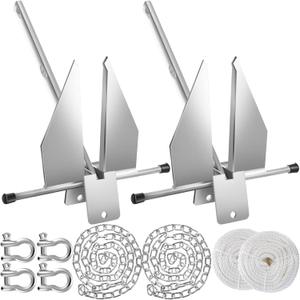 Lounsweer 2 Sets Boat Anchor Kit Portable Galvanized Fluke Anchor with Anchor Chain, Anchor Rope and Shackles for Different Size Boats Pontoon, Deck, Fishing, and Sail Equipments (8 lb, Silver)