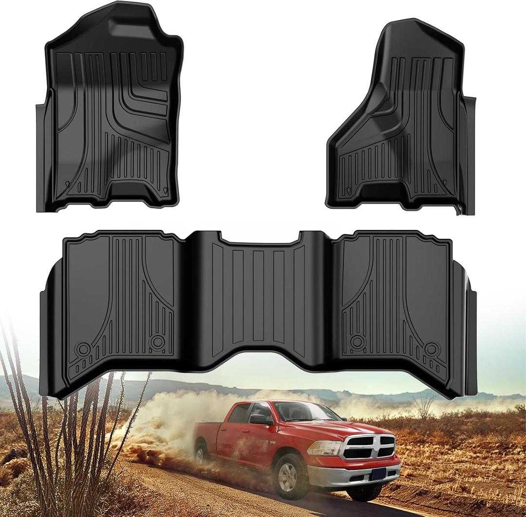 Floor Mats for 2013-2018 Dodge Ram 1500/2500/3500 Crew Cab | All Weather Floor Mats for 2019-2024 Dodge Ram 1500 Classic (NOT New Body) Crew Cab | TPE Non-Slip Interior Accessories, Black