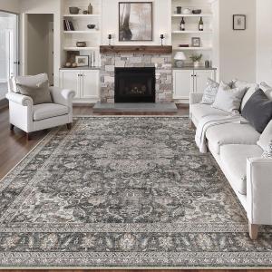 8x10 Washable Vintage Area Rug Black Grey Living Room Bedroom Carpet Non-Slip Soft Low Pile Distressed Indoor Large Throw Rug for Dining Room Office