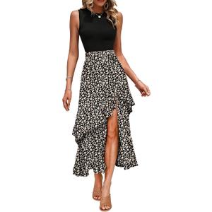 Dokotoo Women's 2026 Sleeveless Spring Summer Dresses Casual Boho Crewneck Floral Boho Cocktail Party Dresses (XL)