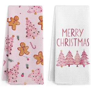 Gnmduw Pink Christmas Tree Gingerbread Kitchen Towels, Merry Christmas Hand Towels Set of 2, Winter Xmas Trees Hand Dish Tea Towel for Kitchen Bathroom Decorations, Gingerbread Kitchen Decor, 16x24 In