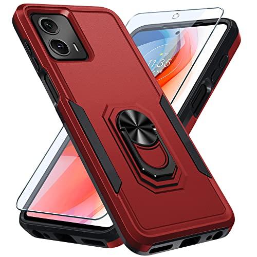 Janmitta Compatible with Moto G 5G 2023 Case with Screen Protector,Heavy Duty Shockproof Full Body Protective Cover Built in Rotatable Metal Ring Holder Kickstand,Red, Set of 2