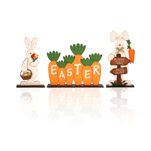 3Pcs Easter Wooden Table Sign Easter Bunny Decorations for Home Egg Hunt Tabletop Centerpiece Easter Eggs Carrot Rustic Farmhouse Decor