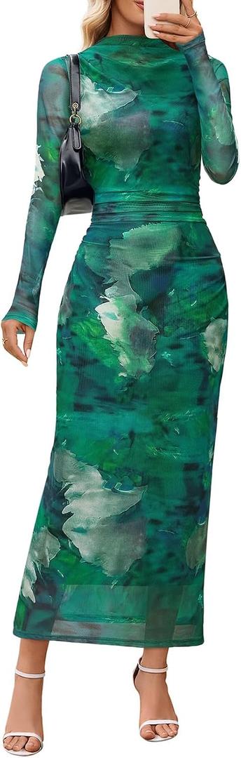 MEROKEETY Women's Long Sleeve Fall Wedding Guest Dress 2025 Bodycon Floral Mesh Ruched Cocktail Maxi Dresses, Green, S