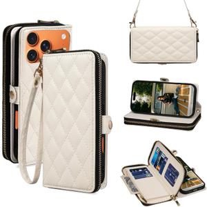 Rssviss Crossbody Case for iPhone 17 Pro Max Case Wallet, RFID Blocking Leather with Card Holder Kickstand, Handbag Zipper Flip Cover with Wrist Strap for iPhone 17 Pro Max Men Women 6.9", White