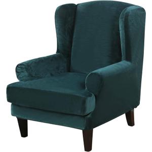 MIFXIN Wingback Chair Slipcover 2-Piece Velvet Stretch Wing Chair Slipcovers with Cushion Cover Removable Washable Armchair Furniture Protector for Living Room Kids Pets (Deep Teal)
