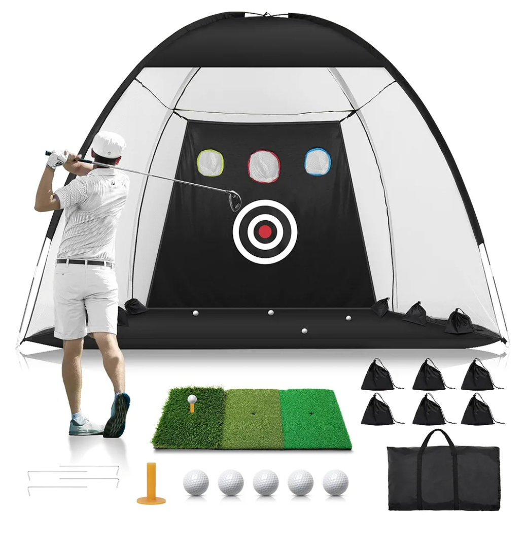 Golf Net: 10x7FT Golf Practice Net for Backyard Driving, Hitting Net with Tri-Turf Mat, Indoor Training Chipping Aid Nets with Reduce Noise Nylon Target, for Golfers