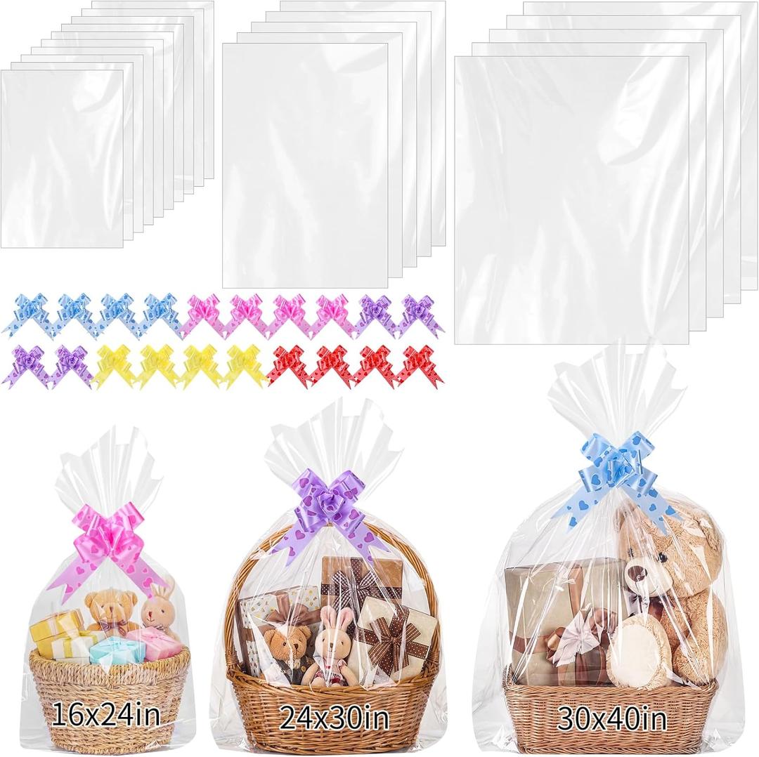 woric 20 Pcs Large Cellophane Bags 3 Sizes 30x40 24x30 16x24in Clear Cellophane Wrap for Gift Baskets Plastic Gift Bags with 20 Pull Bows for Graduation Gifts Wrapping Baby Shower Decor
